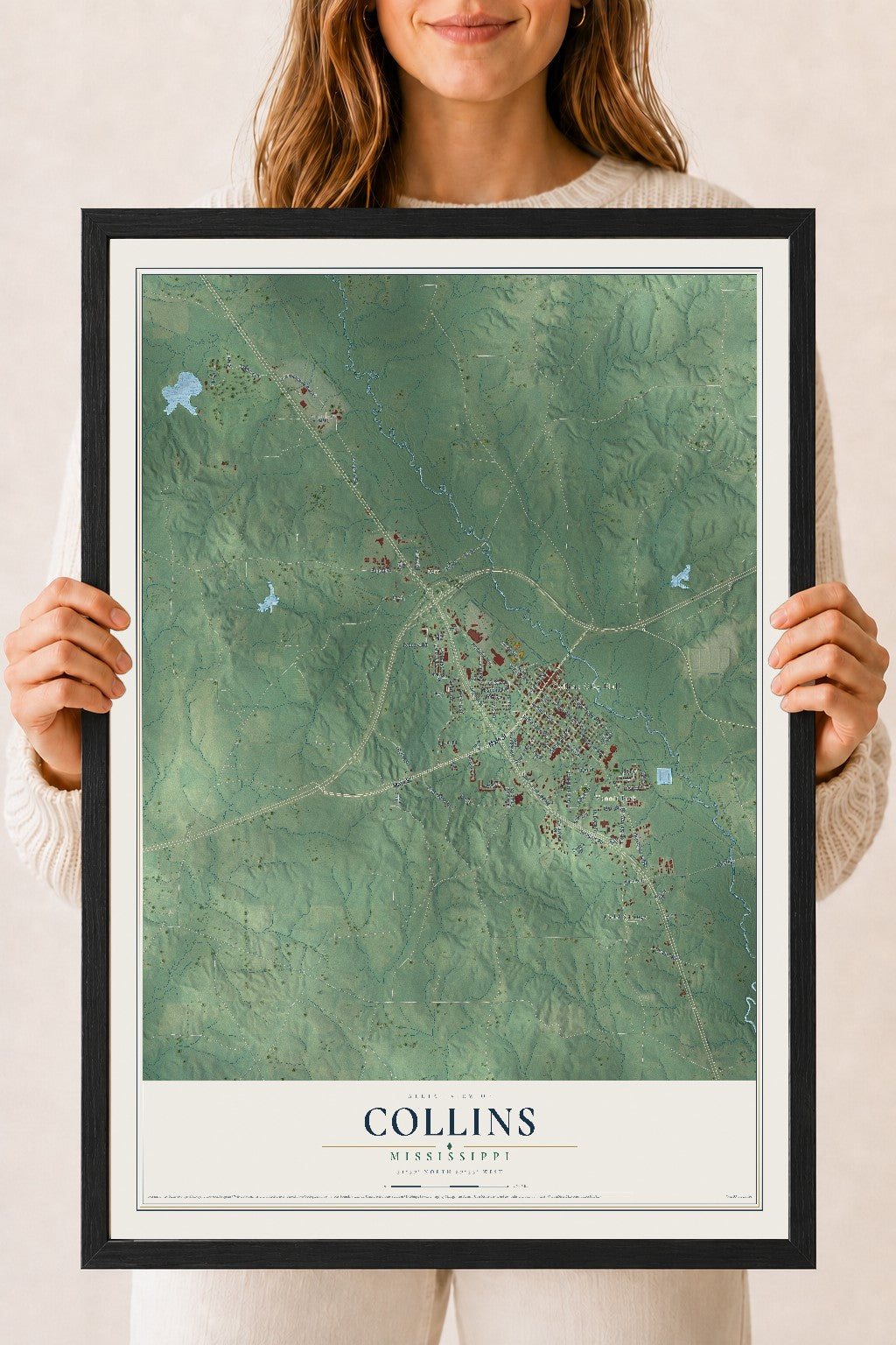 Map of Collins, Mississippi, 18 x 24 inch print in a black wood frame