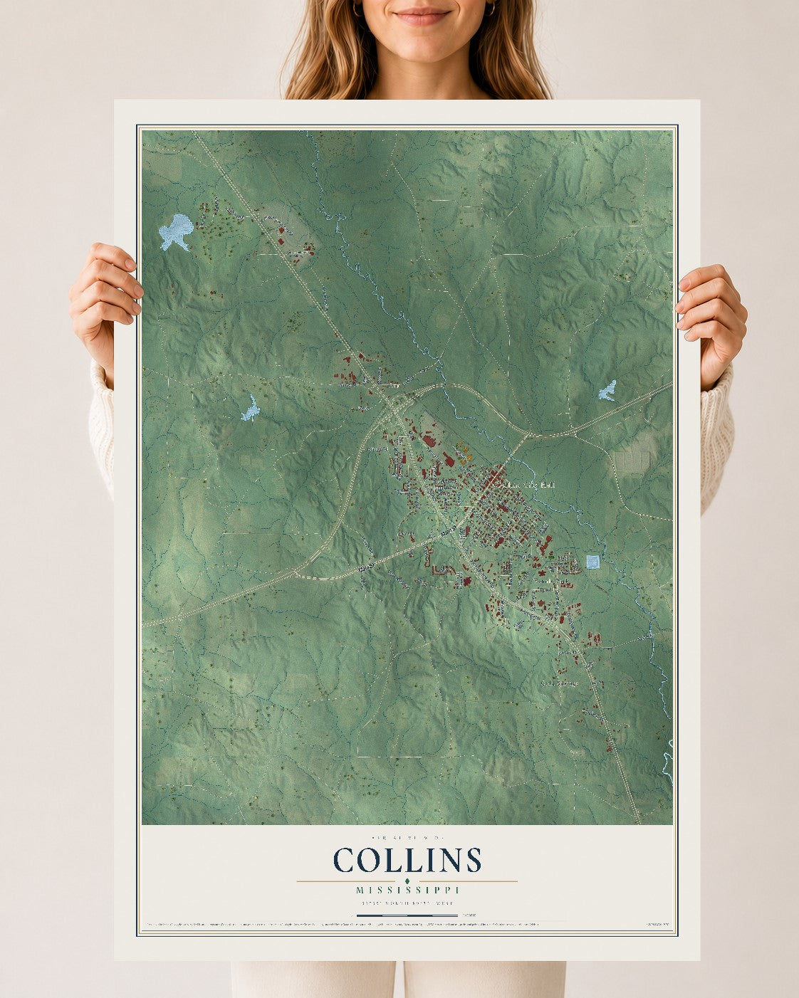 Map of Collins, Mississippi, 24 x 36 inch unframed archival matte print