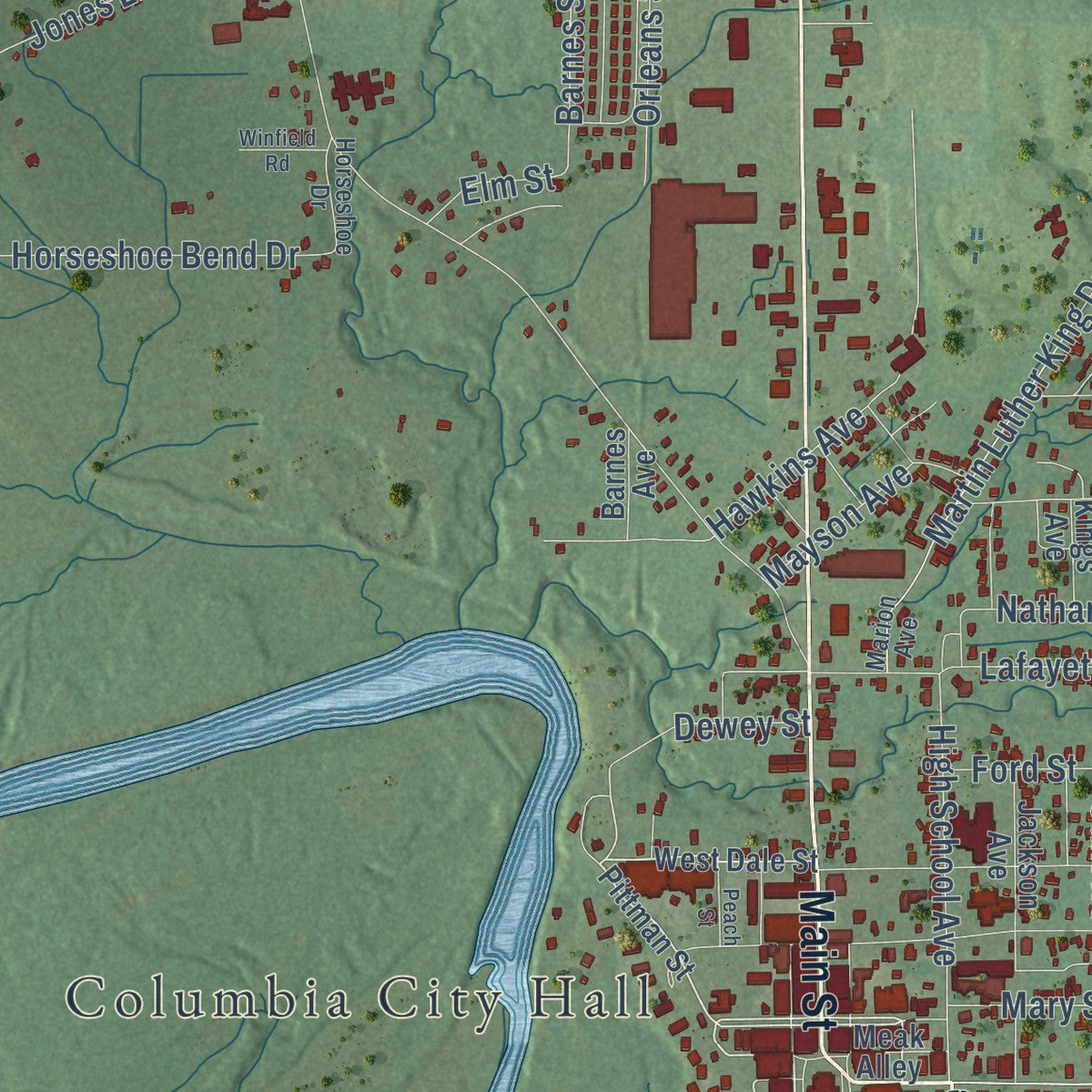 Second close-up of the map of Columbia, Mississippi print showing more streets and buildings