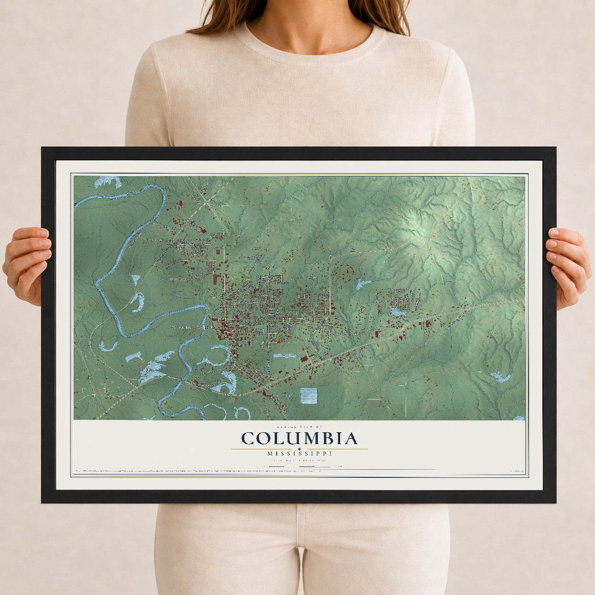 Map of Columbia, Mississippi, 12 x 18 inch print in a black wood frame