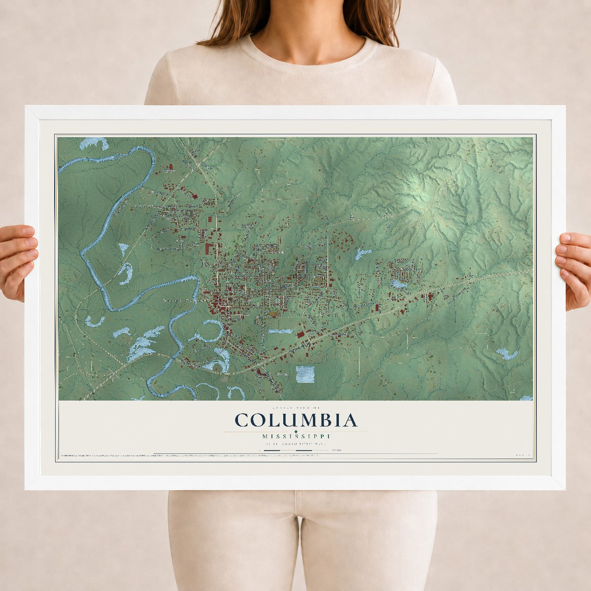 Map of Columbia, Mississippi, 18 x 24 inch print in a white wood frame