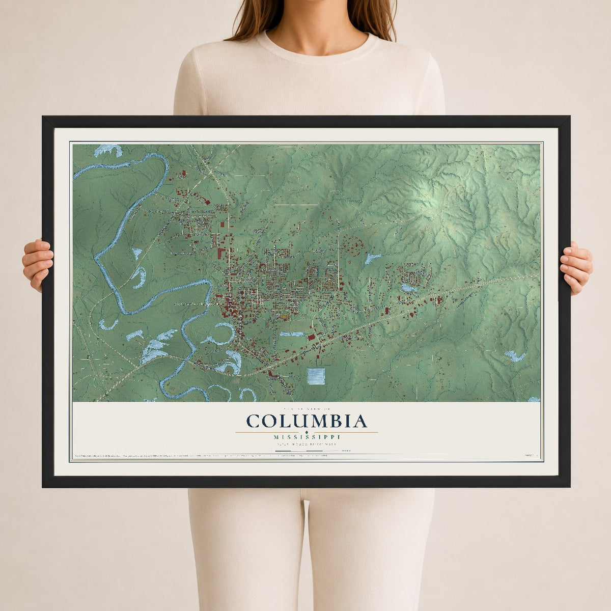 Map of Columbia, Mississippi, 24 x 36 inch print in a black wood frame