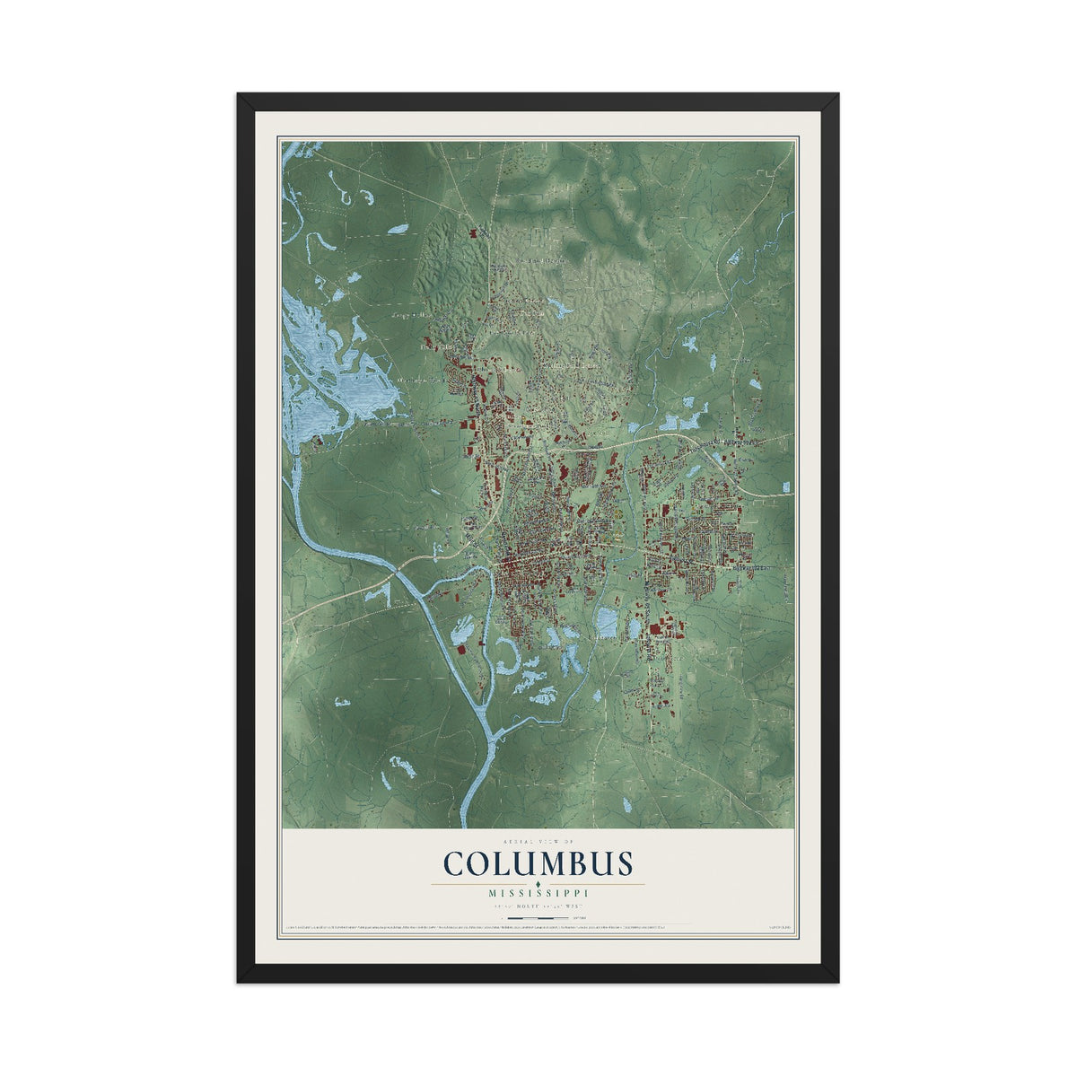 Map of Columbus, Mississippi, 12 x 18 inch print in a black wood frame