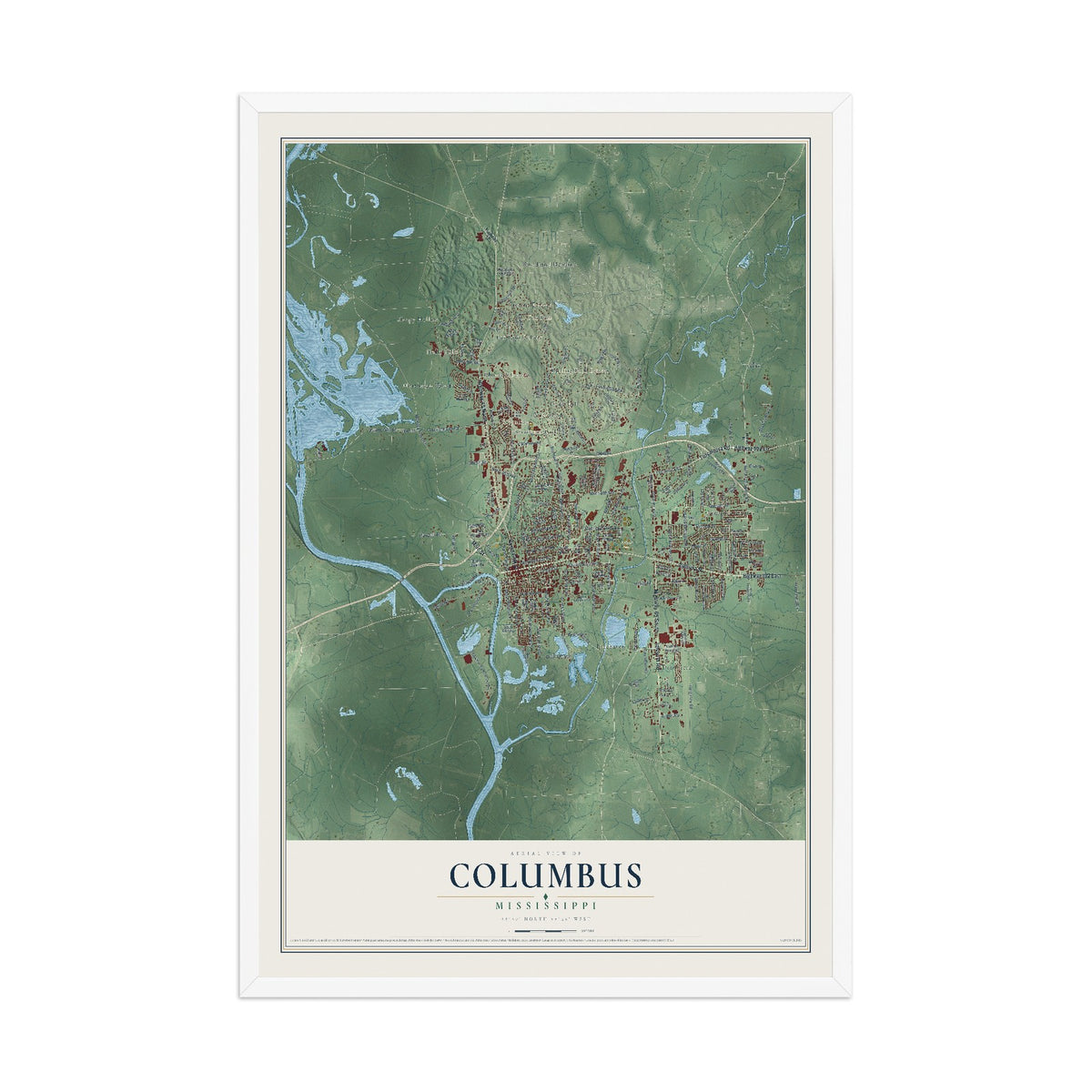 Map of Columbus, Mississippi, 12 x 18 inch print in a white wood frame