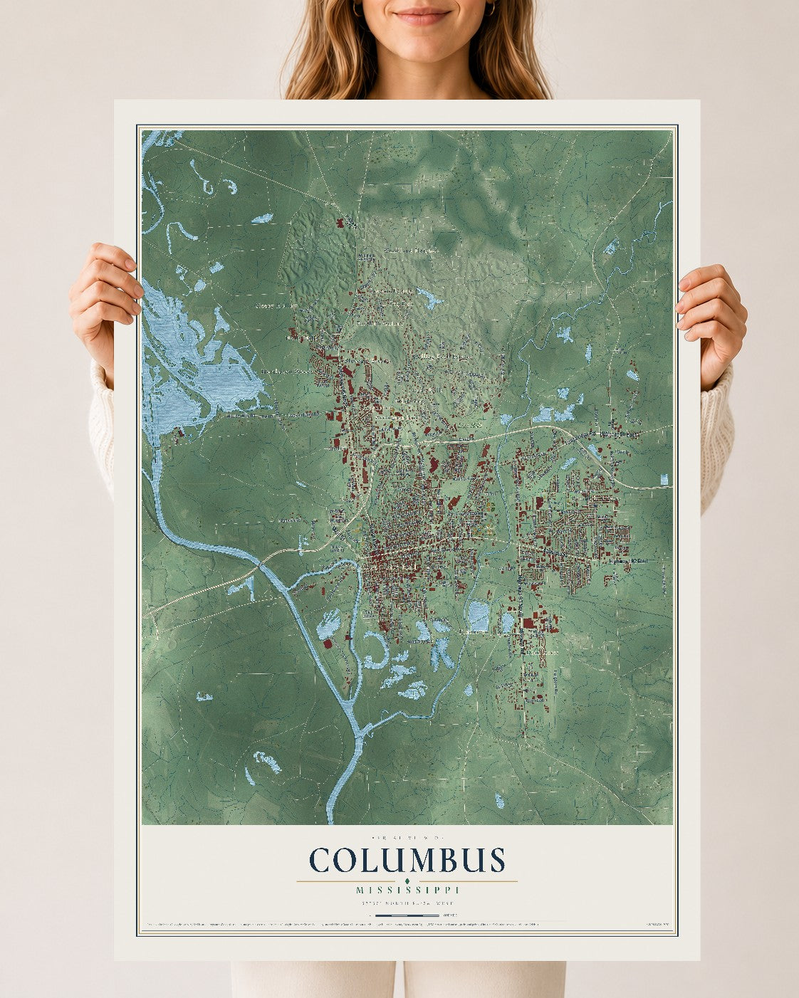 Map of Columbus, Mississippi, 24 x 36 inch unframed archival matte print