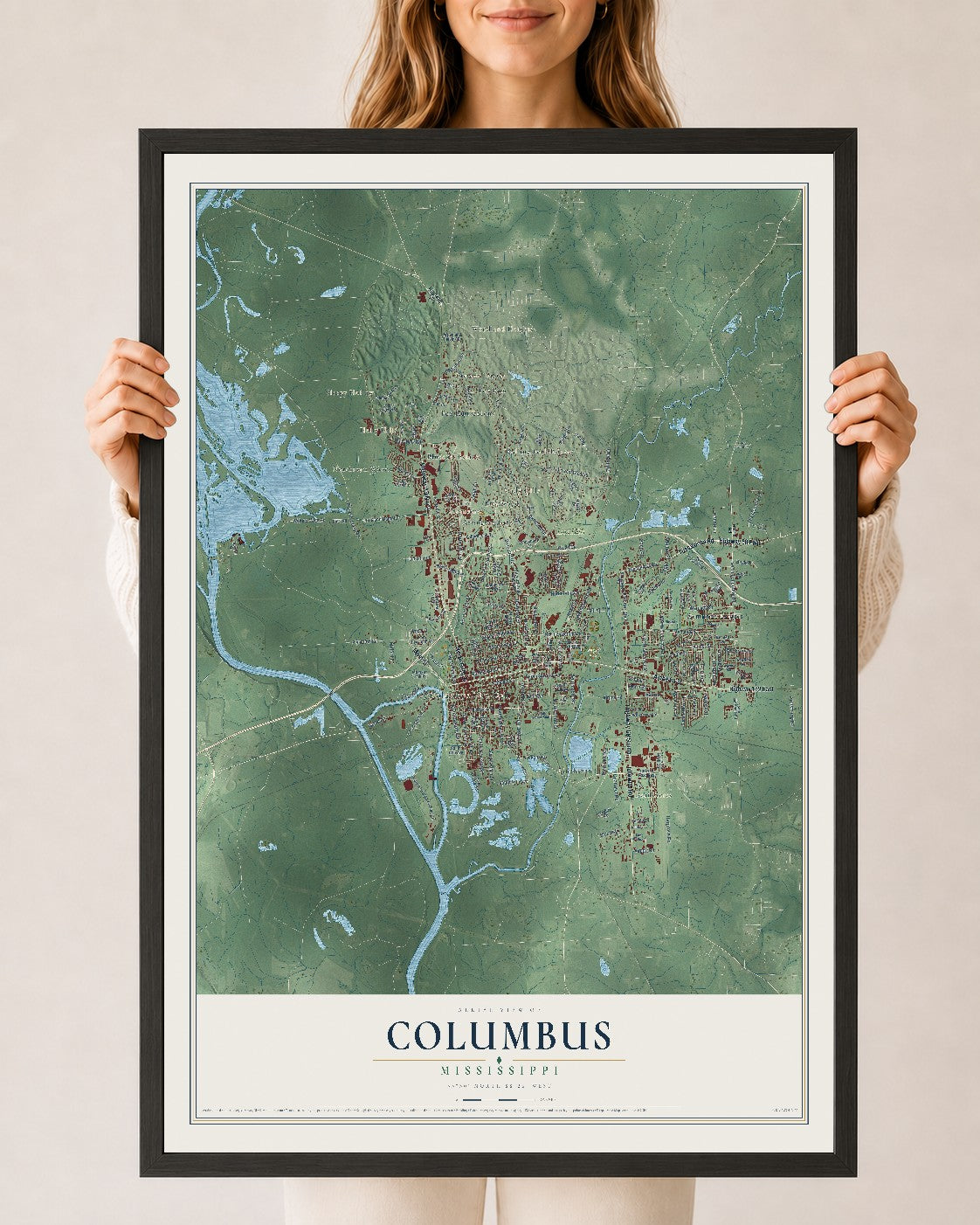 Map of Columbus, Mississippi, 24 x 36 inch print in a black wood frame