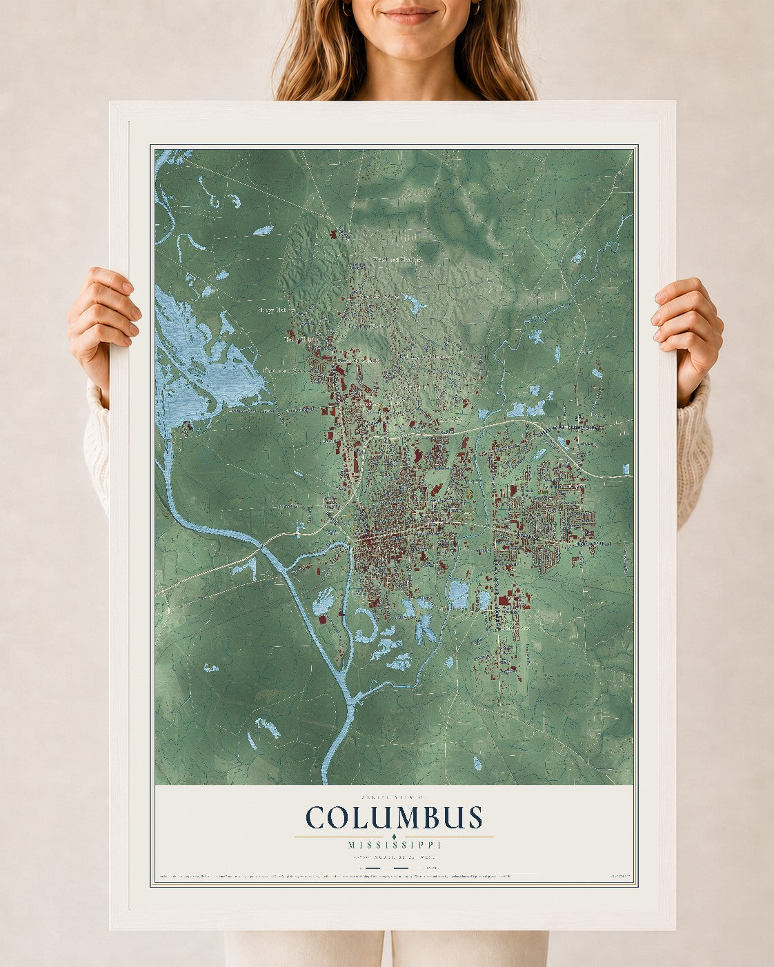 Map of Columbus, Mississippi, 24 x 36 inch print in a white wood frame