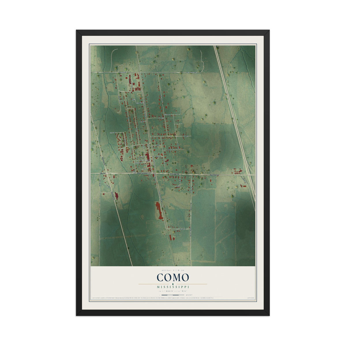 Map of Como, Mississippi, 12 x 18 inch print in a black wood frame