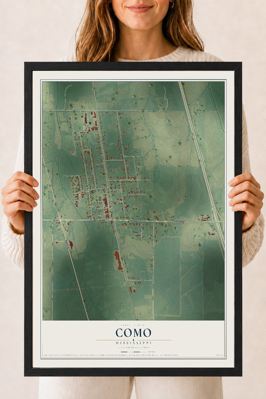 Map of Como, Mississippi, 18 x 24 inch print in a black wood frame
