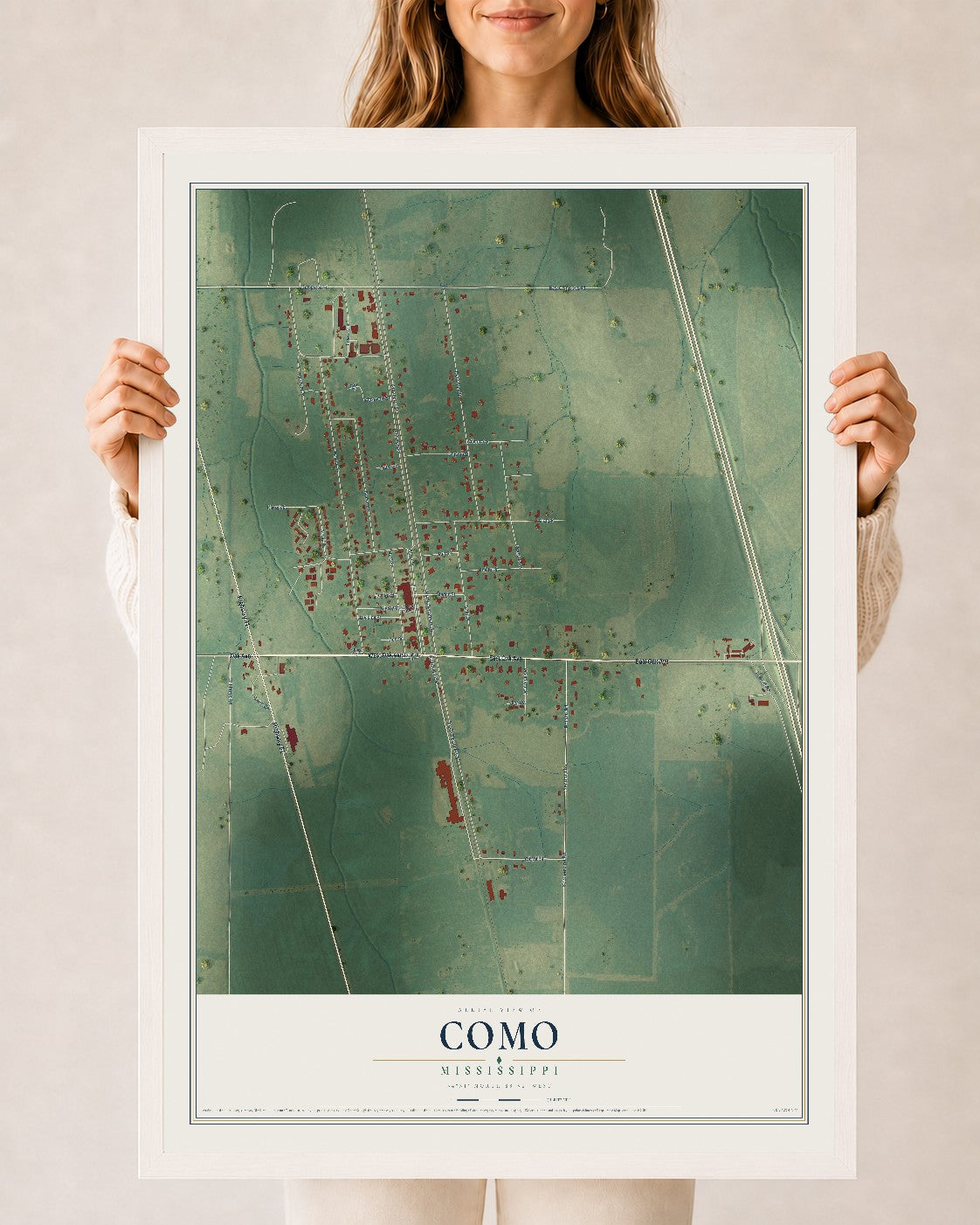 Map of Como, Mississippi, 24 x 36 inch print in a white wood frame