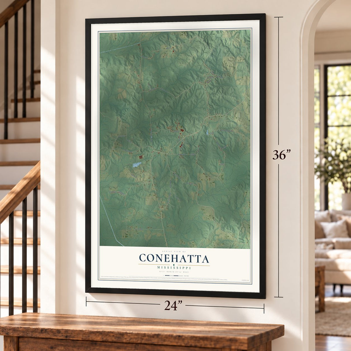 Conehatta, Mississippi map, 24 x 36 inch print in a black frame by a staircase