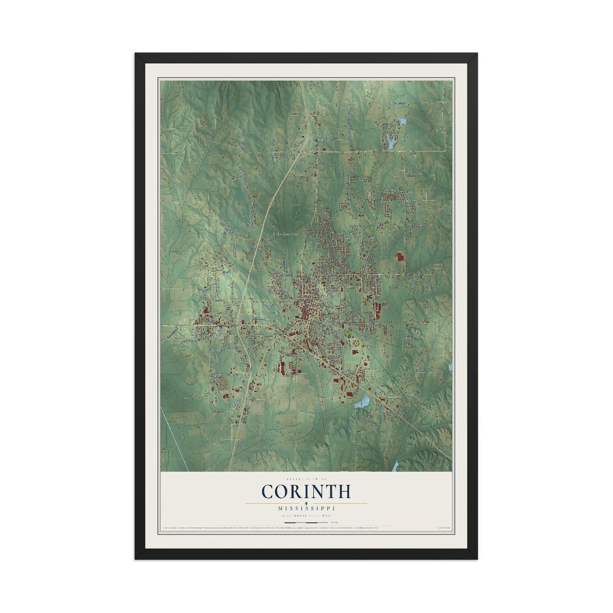 Map of Corinth, Mississippi, 12 x 18 inch print in a black wood frame