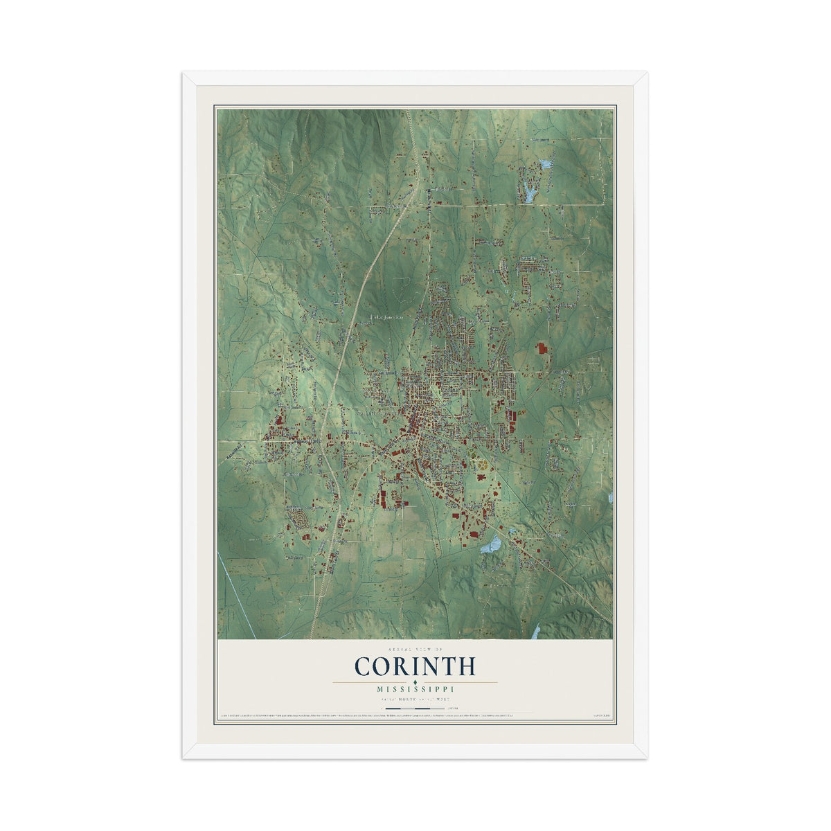 Map of Corinth, Mississippi, 12 x 18 inch print in a white wood frame