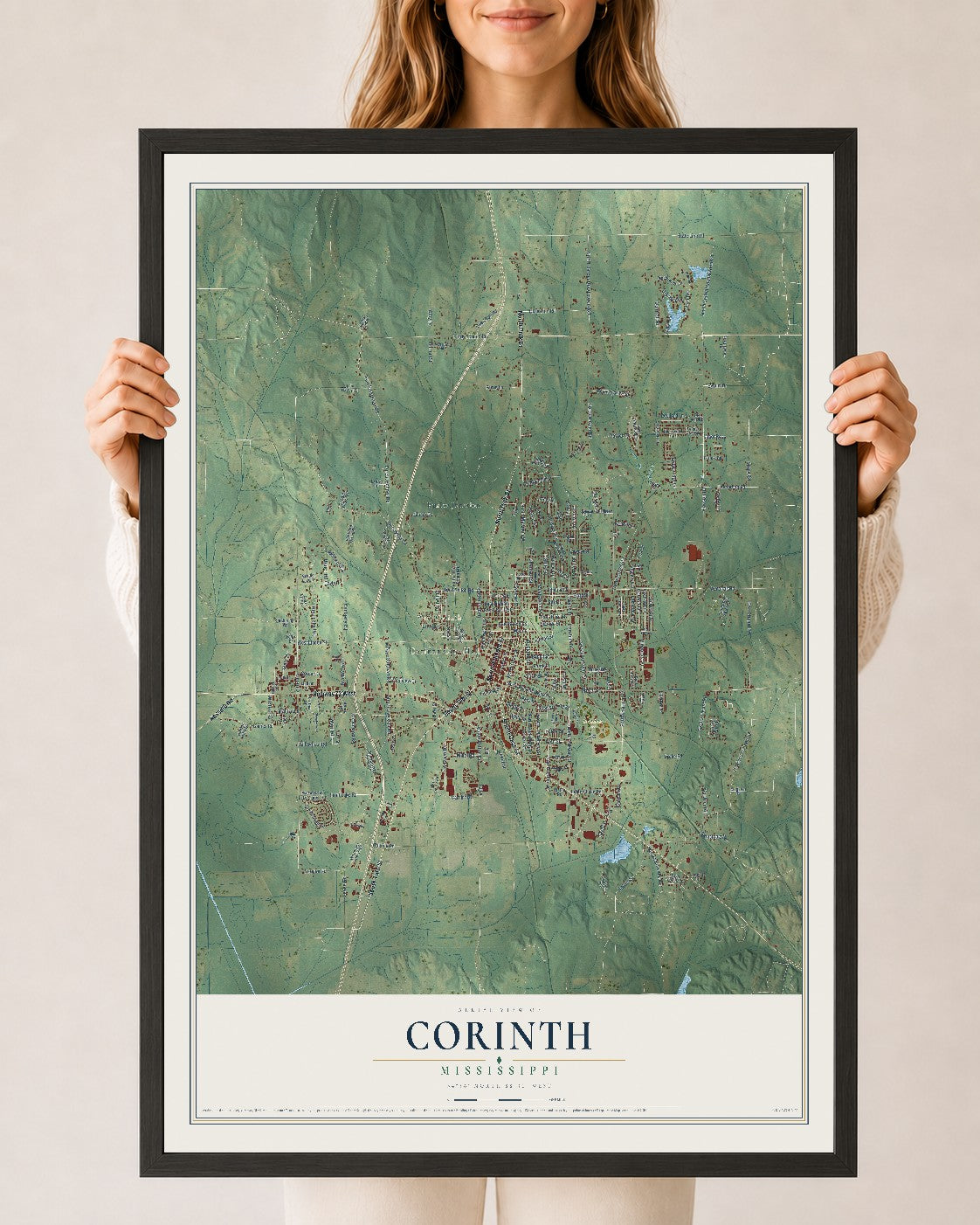 Map of Corinth, Mississippi, 24 x 36 inch print in a black wood frame
