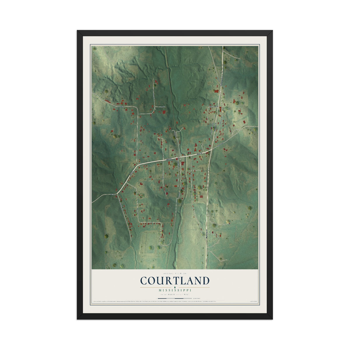 Map of Courtland, Mississippi, 12 x 18 inch print in a black wood frame