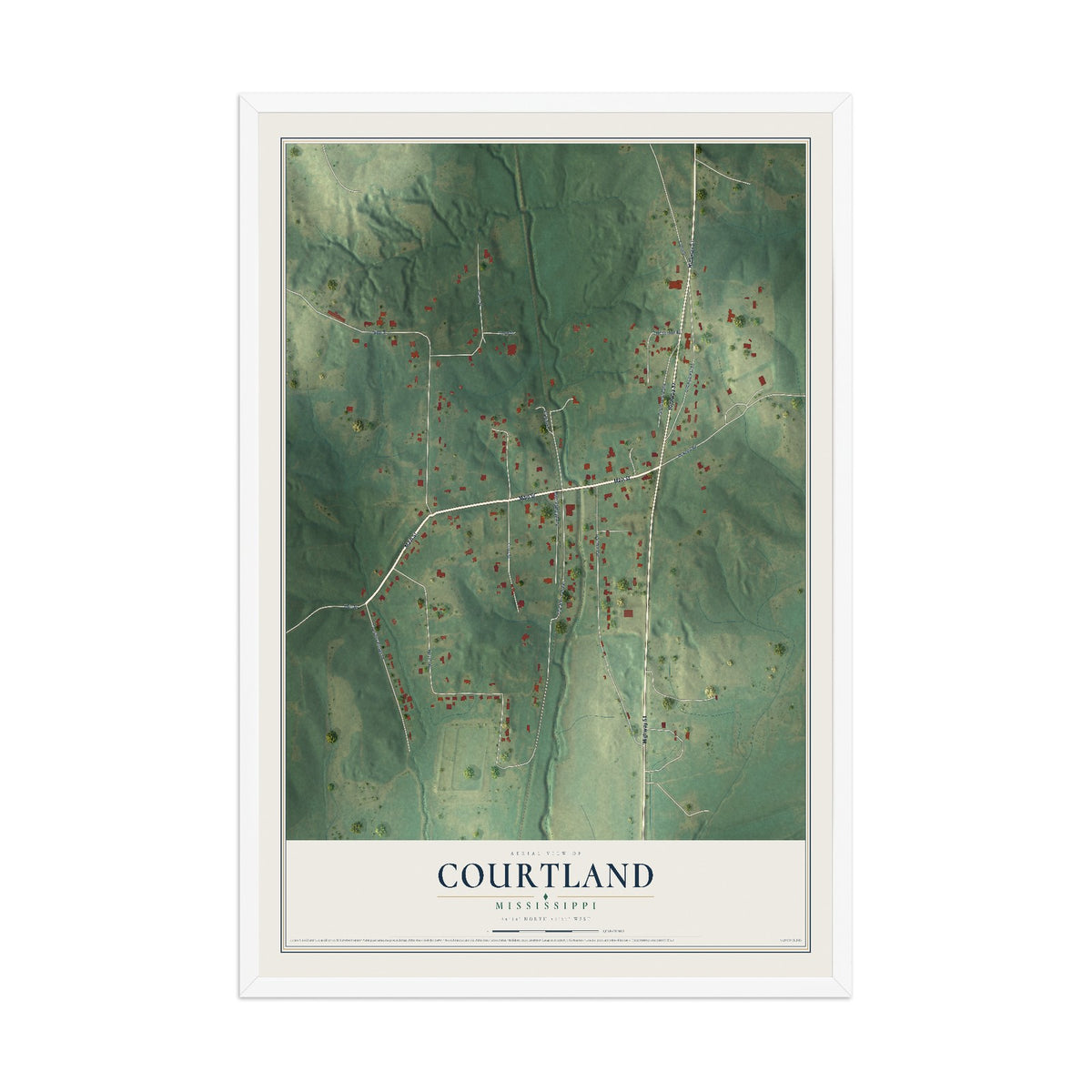 Map of Courtland, Mississippi, 12 x 18 inch print in a white wood frame