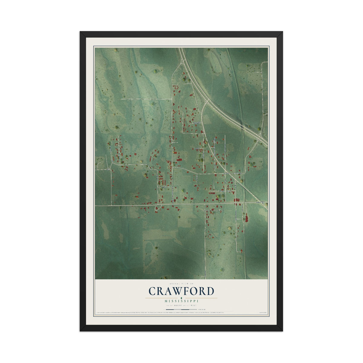 Map of Crawford, Mississippi, 12 x 18 inch print in a black wood frame