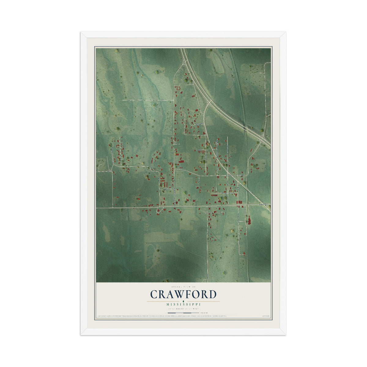 Map of Crawford, Mississippi, 12 x 18 inch print in a white wood frame