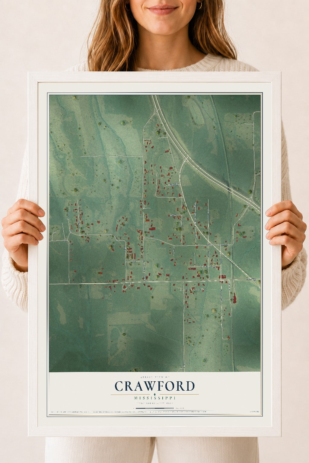Map of Crawford, Mississippi, 18 x 24 inch print in a white wood frame