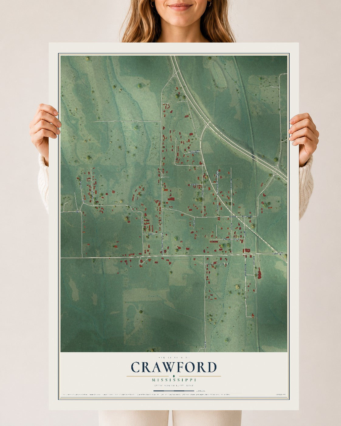 Map of Crawford, Mississippi, 24 x 36 inch unframed archival matte print