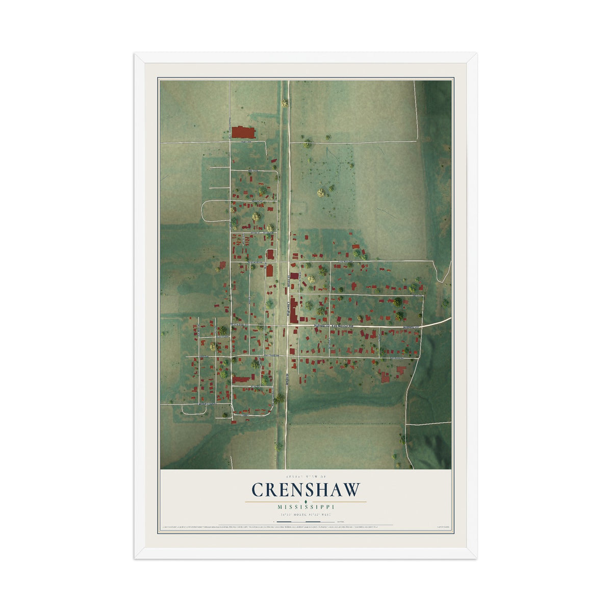 Map of Crenshaw, Mississippi, 12 x 18 inch print in a white wood frame