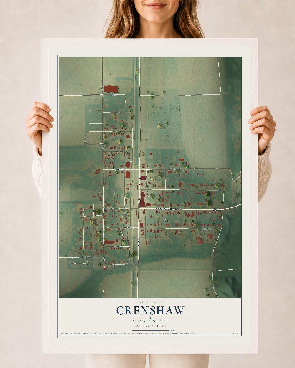 Map of Crenshaw, Mississippi, 24 x 36 inch print in a white wood frame