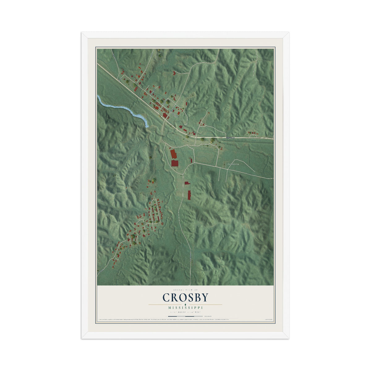 Map of Crosby, Mississippi, 12 x 18 inch print in a white wood frame