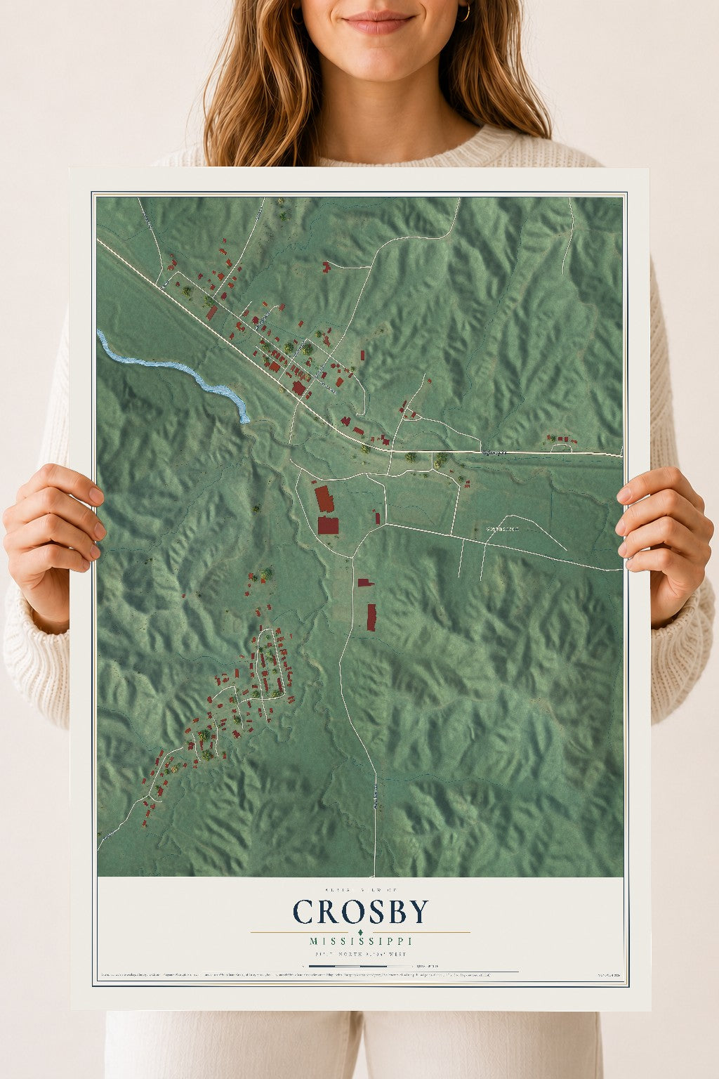 Map of Crosby, Mississippi, 18 x 24 inch unframed archival matte print