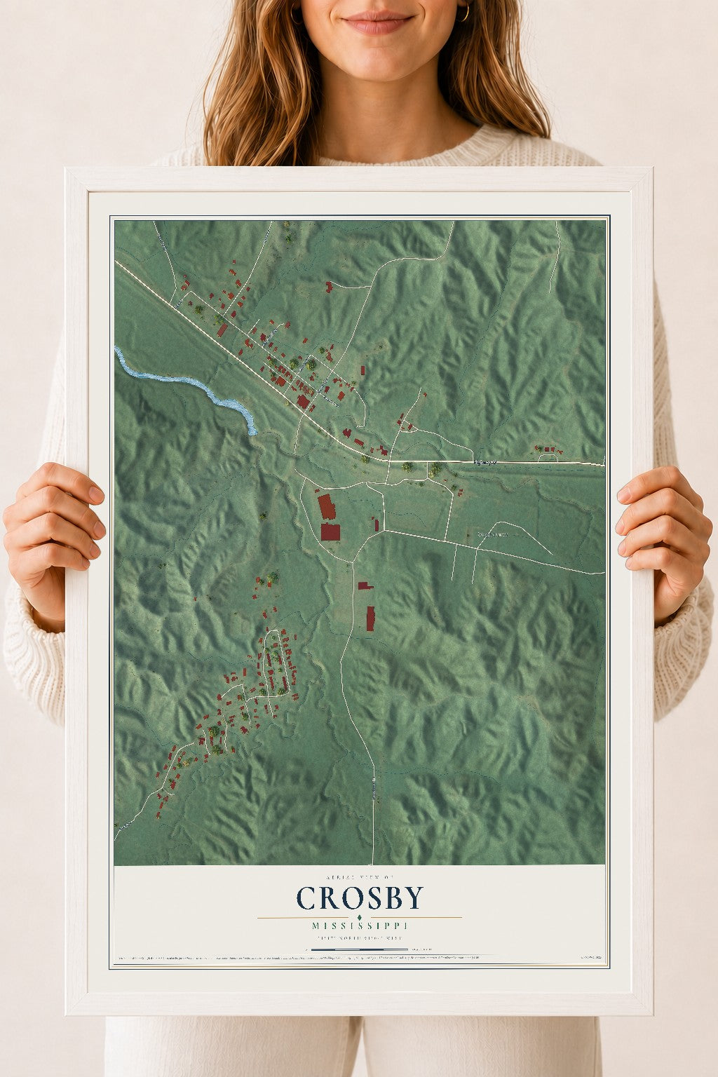 Map of Crosby, Mississippi, 18 x 24 inch print in a white wood frame