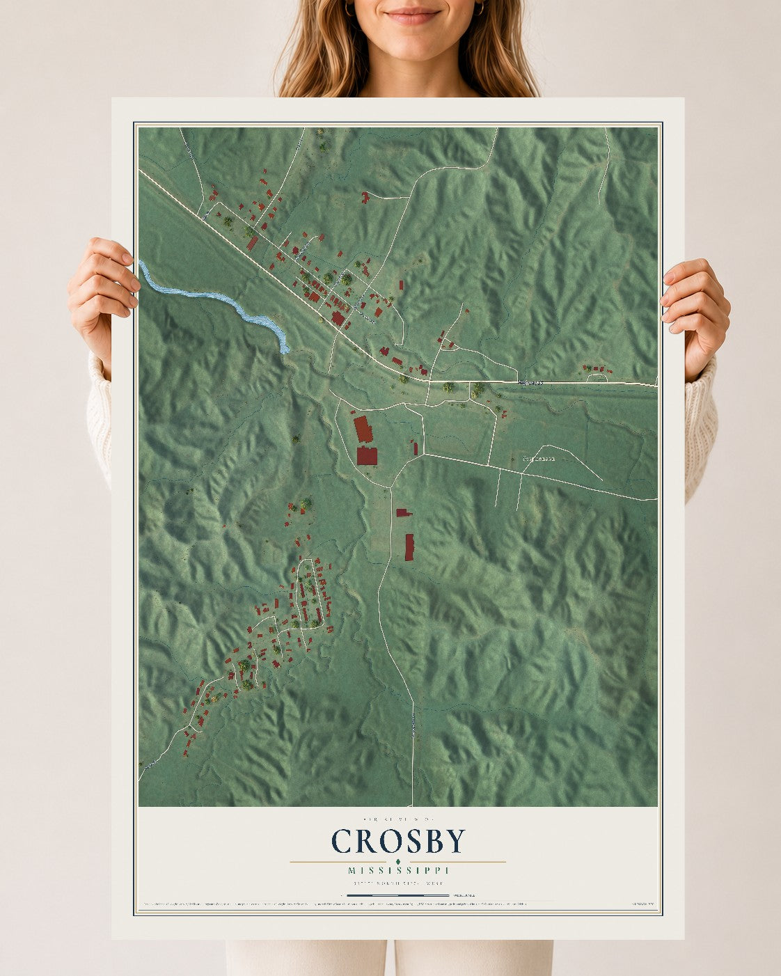 Map of Crosby, Mississippi, 24 x 36 inch unframed archival matte print