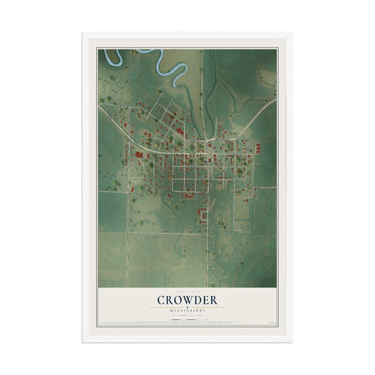 Map of Crowder, Mississippi, 12 x 18 inch print in a white wood frame