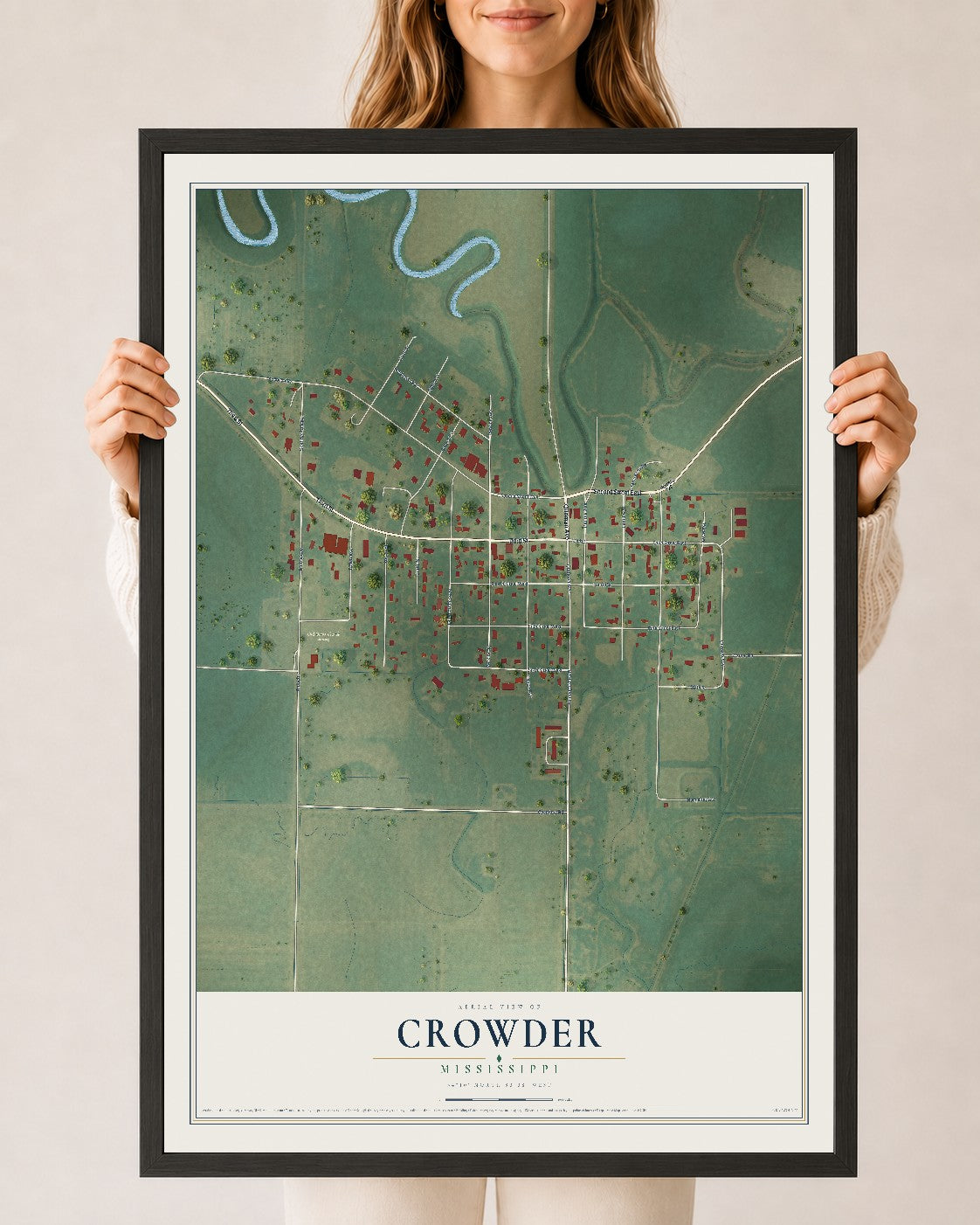 Map of Crowder, Mississippi, 24 x 36 inch print in a black wood frame