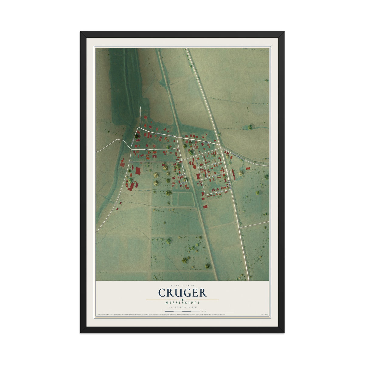 Map of Cruger, Mississippi, 12 x 18 inch print in a black wood frame