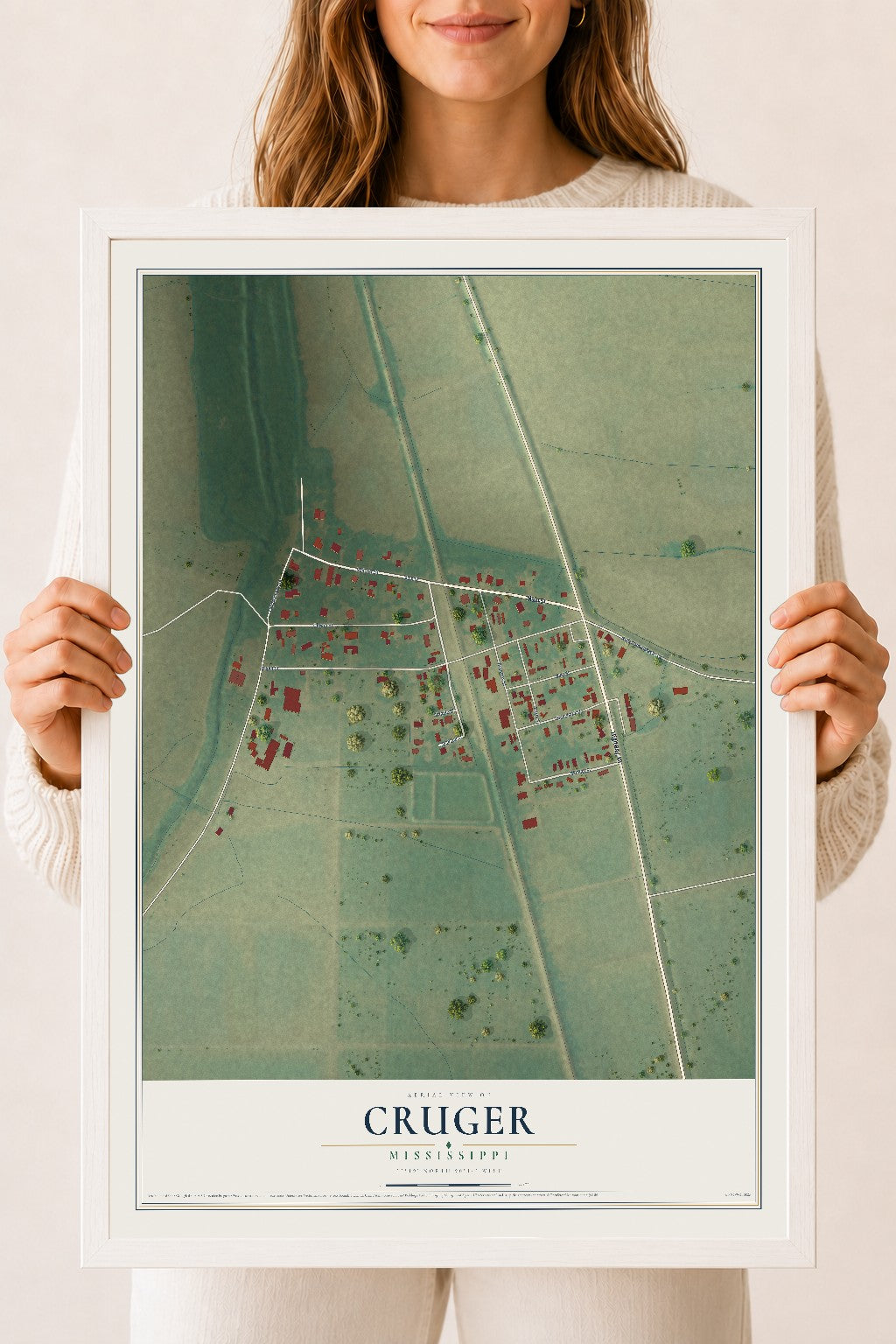 Map of Cruger, Mississippi, 18 x 24 inch print in a white wood frame