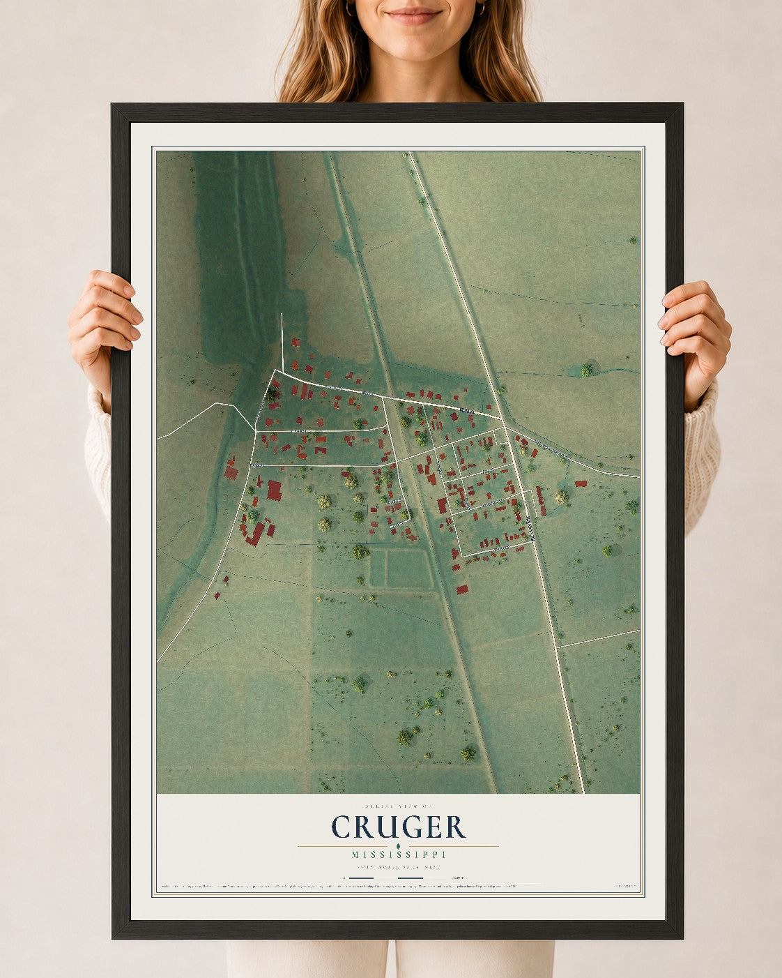 Map of Cruger, Mississippi, 24 x 36 inch print in a black wood frame