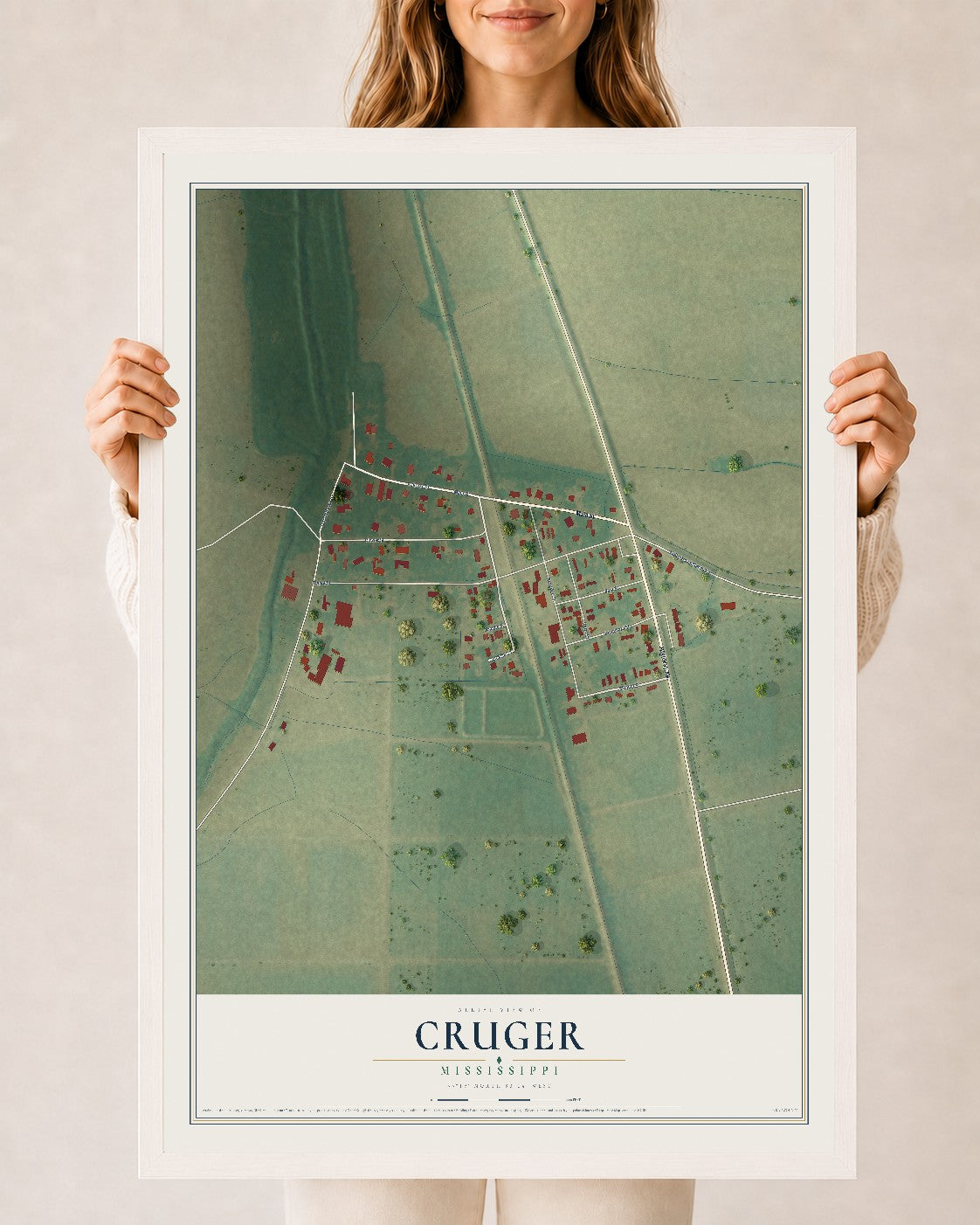 Map of Cruger, Mississippi, 24 x 36 inch print in a white wood frame