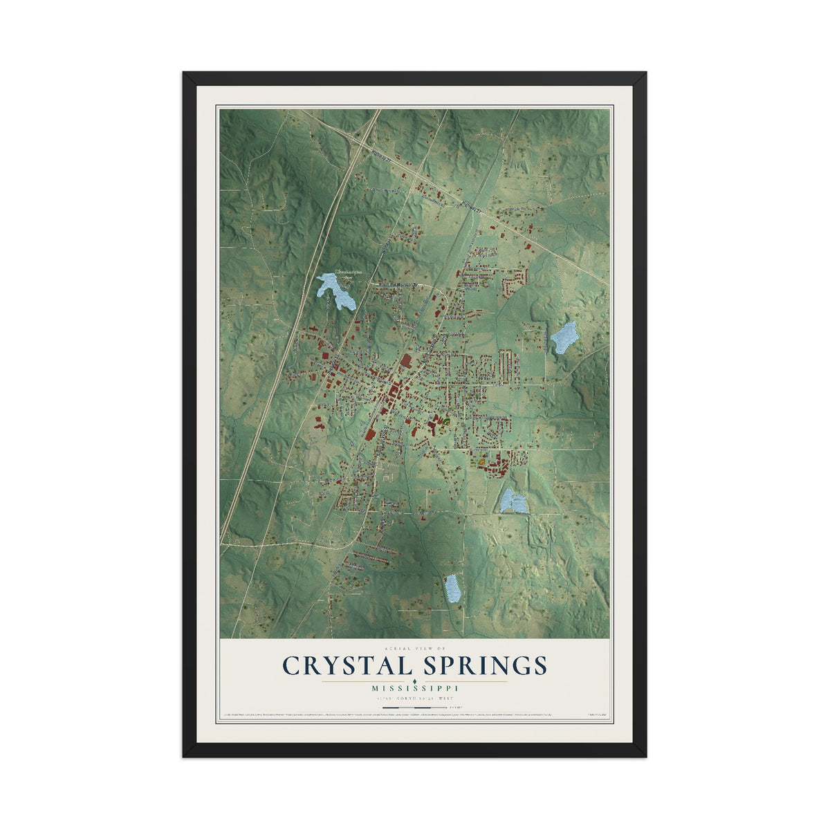 Map of Crystal Springs, Mississippi, 12 x 18 inch print in a black wood frame