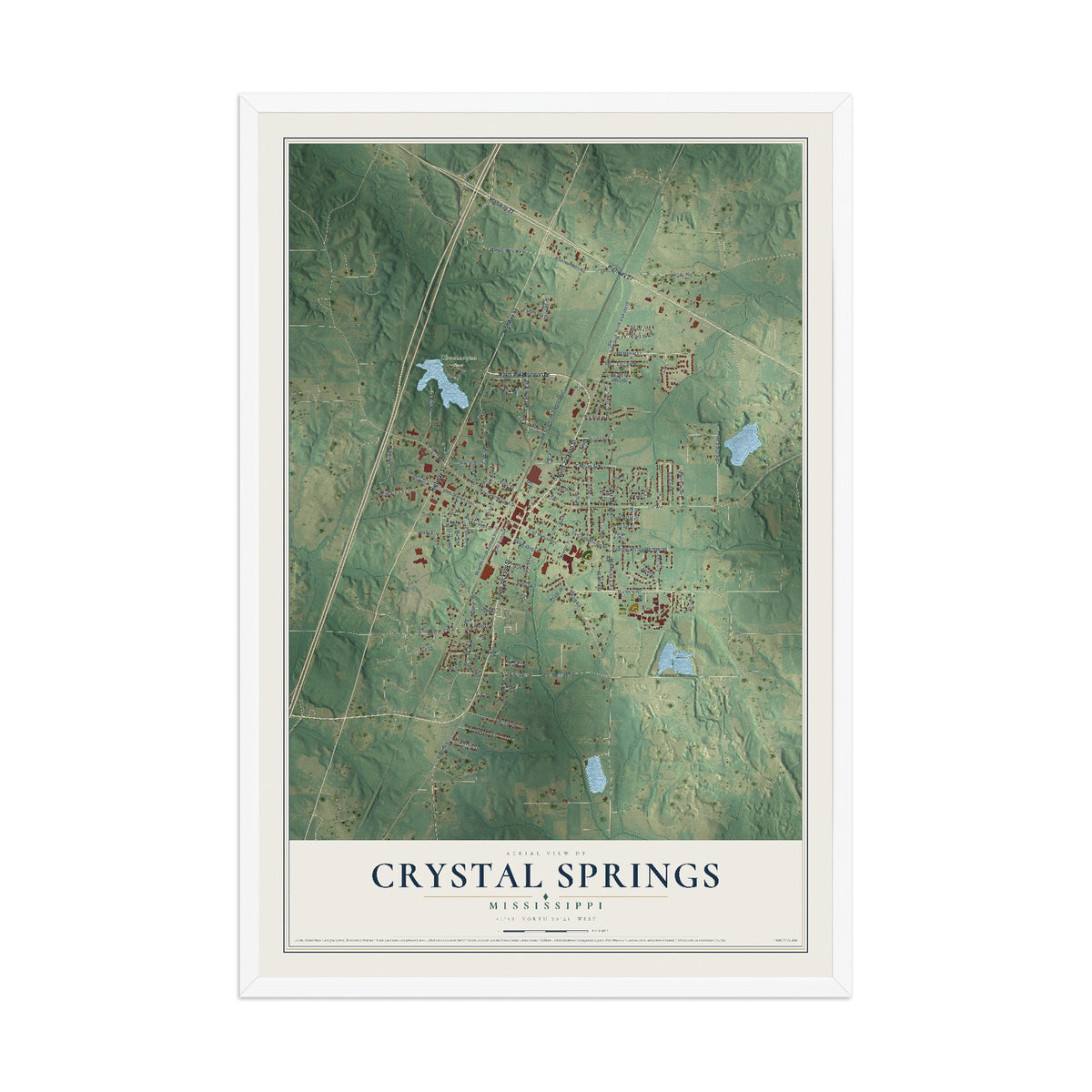 Map of Crystal Springs, Mississippi, 12 x 18 inch print in a white wood frame