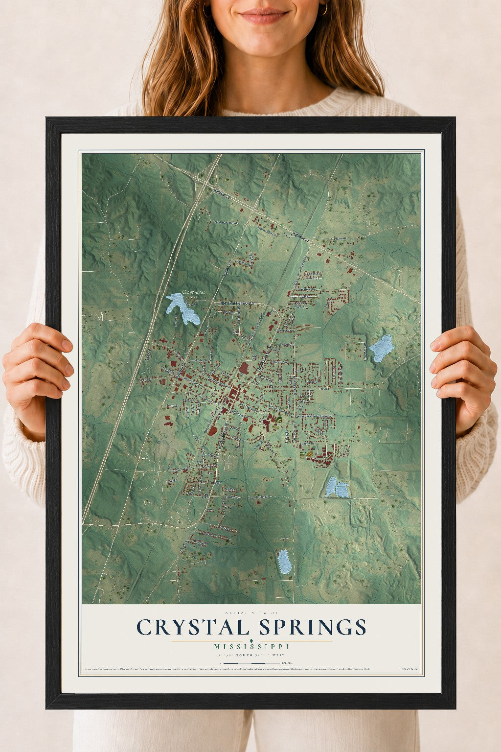 Map of Crystal Springs, Mississippi, 18 x 24 inch print in a black wood frame