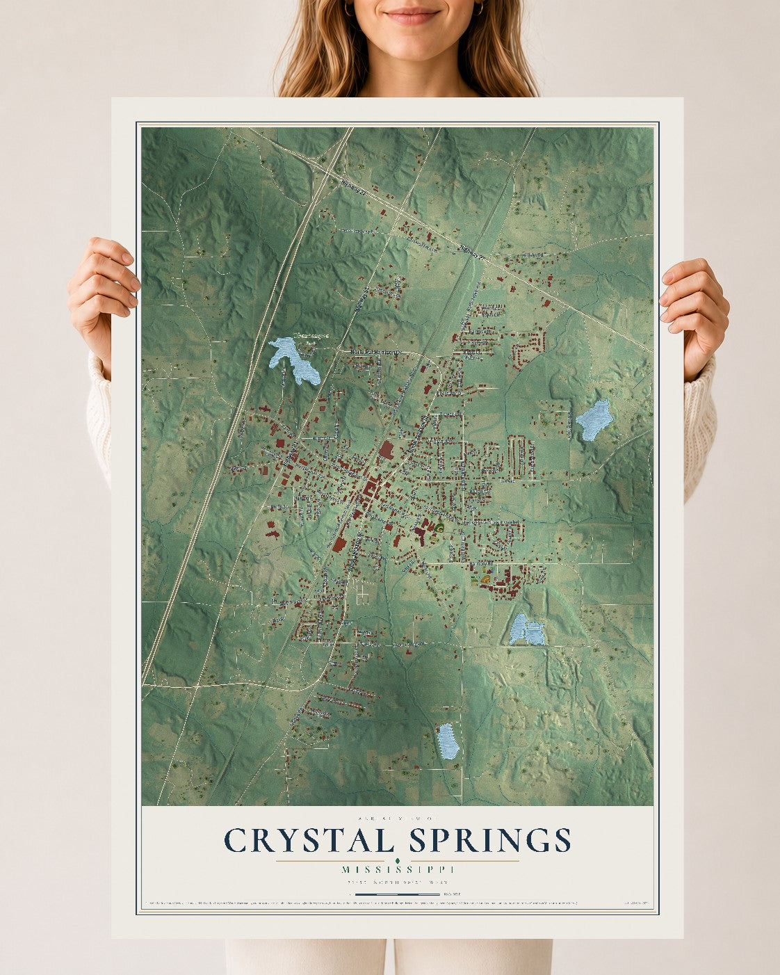 Map of Crystal Springs, Mississippi, 24 x 36 inch unframed archival matte print