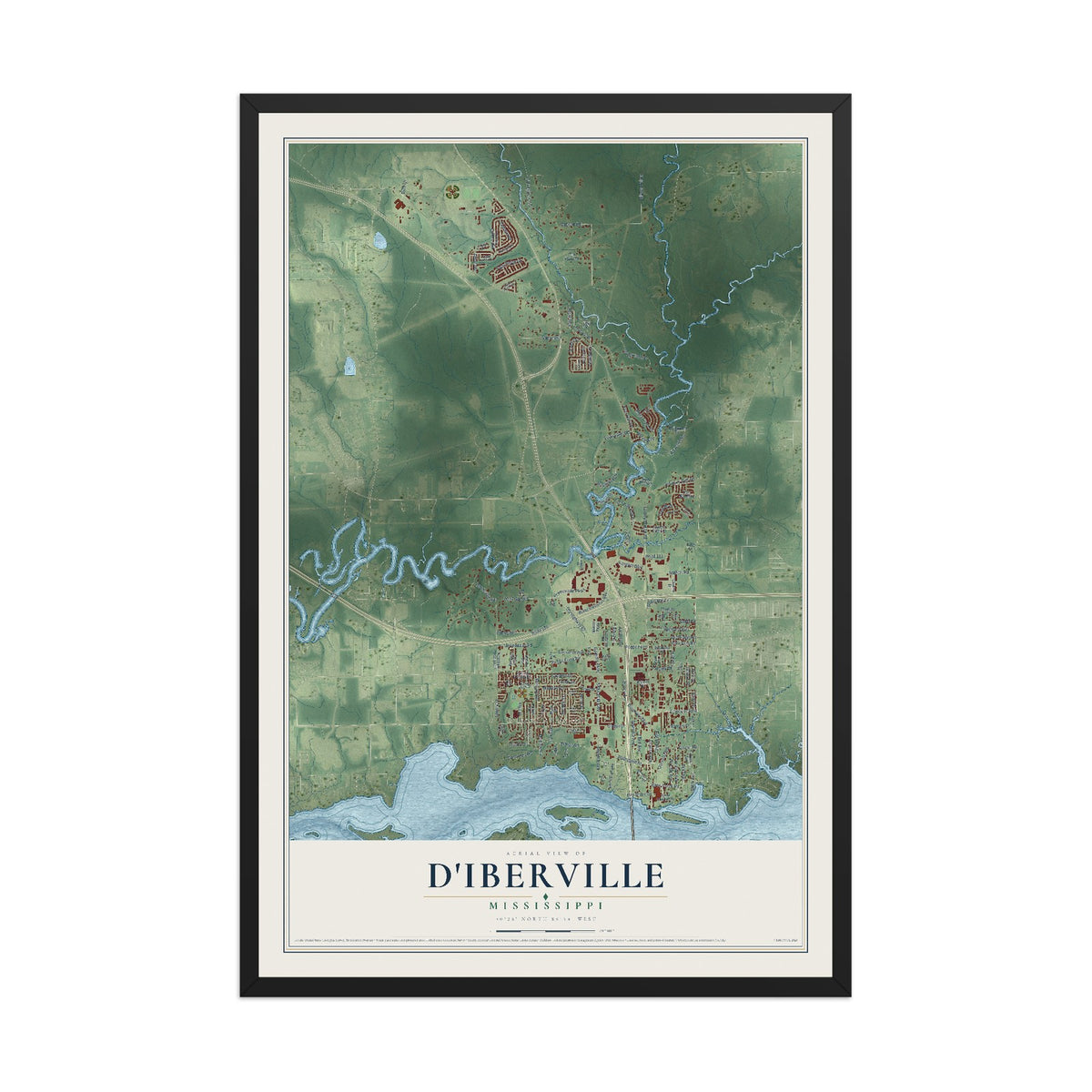 Map of D'Iberville, Mississippi, 12 x 18 inch print in a black wood frame
