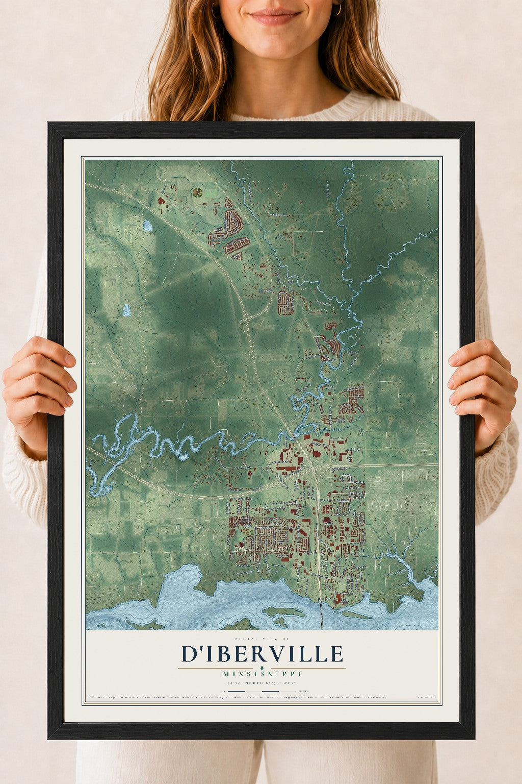 Map of D'Iberville, Mississippi, 18 x 24 inch print in a black wood frame