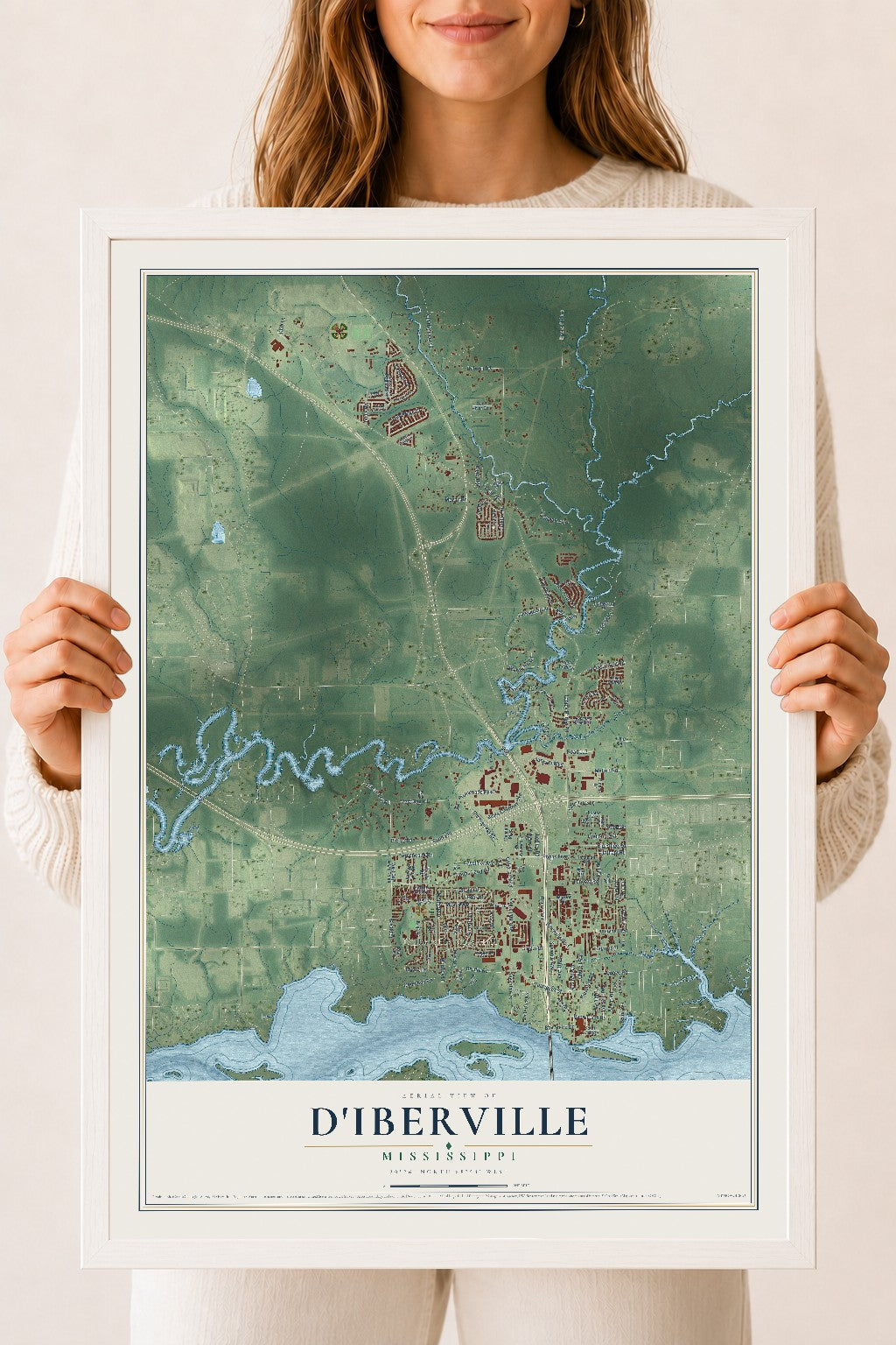 Map of D'Iberville, Mississippi, 18 x 24 inch print in a white wood frame