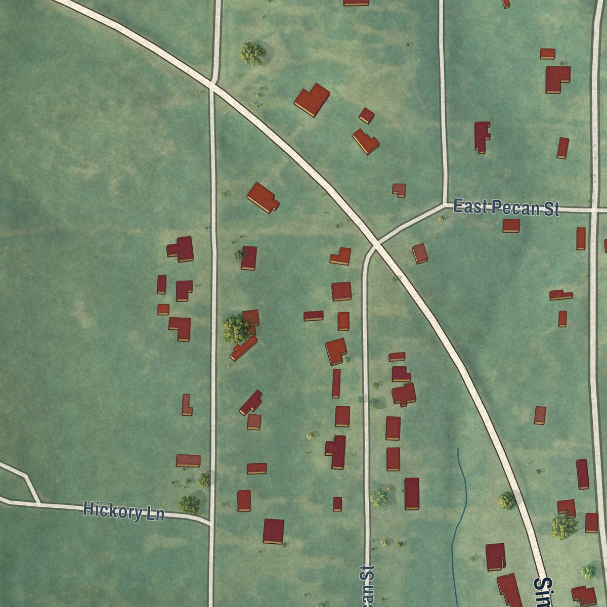 Second close-up of the map of D'Lo, Mississippi print showing more streets and buildings
