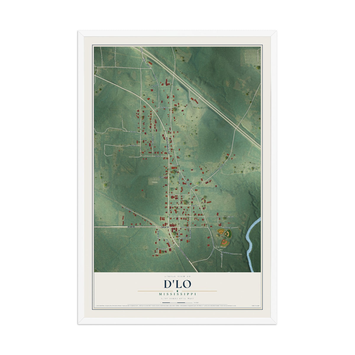 Map of D'Lo, Mississippi, 12 x 18 inch print in a white wood frame