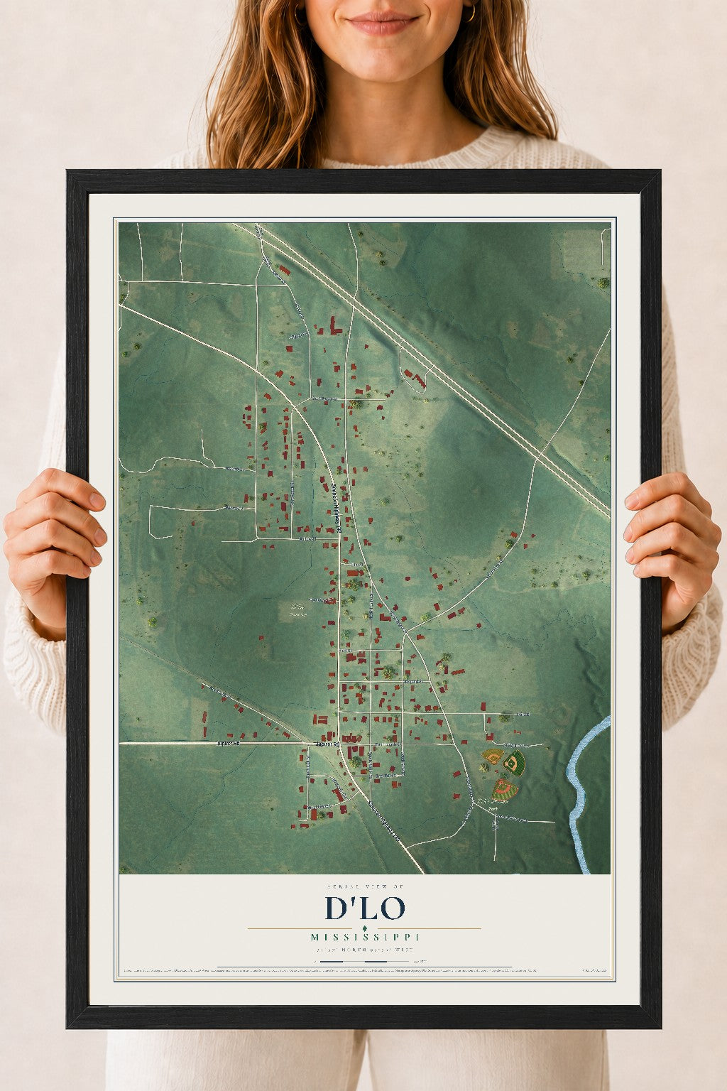 Map of D'Lo, Mississippi, 18 x 24 inch print in a black wood frame