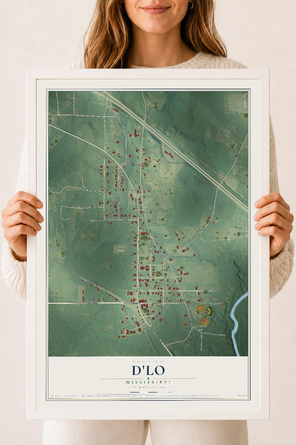 Map of D'Lo, Mississippi, 18 x 24 inch print in a white wood frame