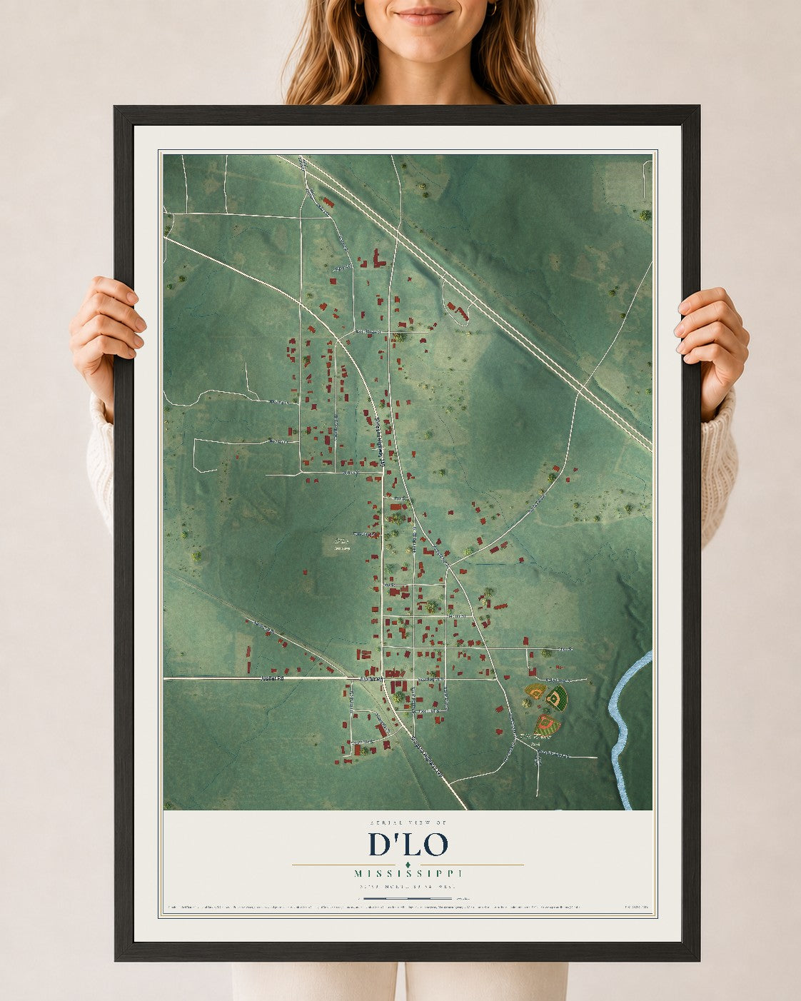 Map of D'Lo, Mississippi, 24 x 36 inch print in a black wood frame