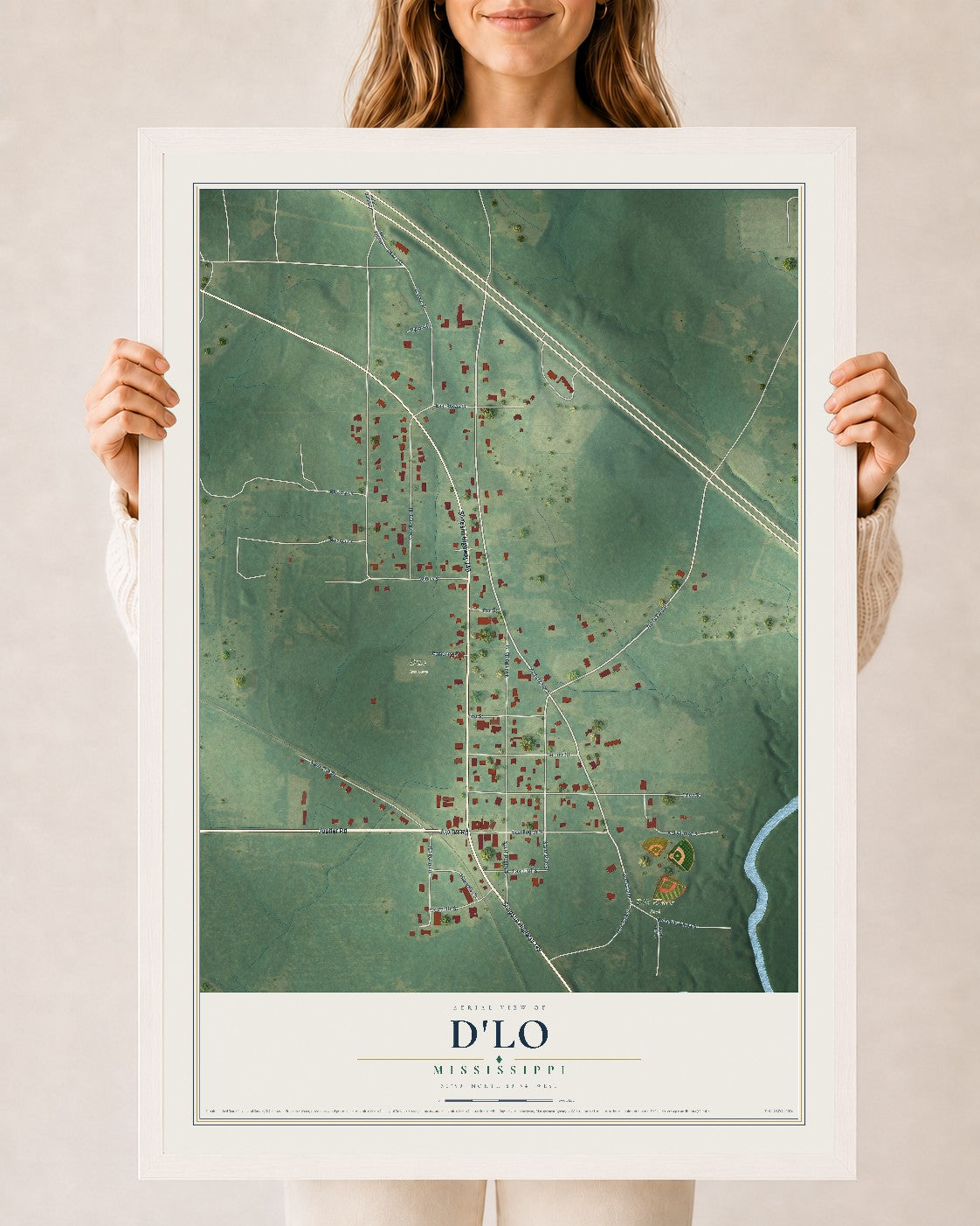 Map of D'Lo, Mississippi, 24 x 36 inch print in a white wood frame