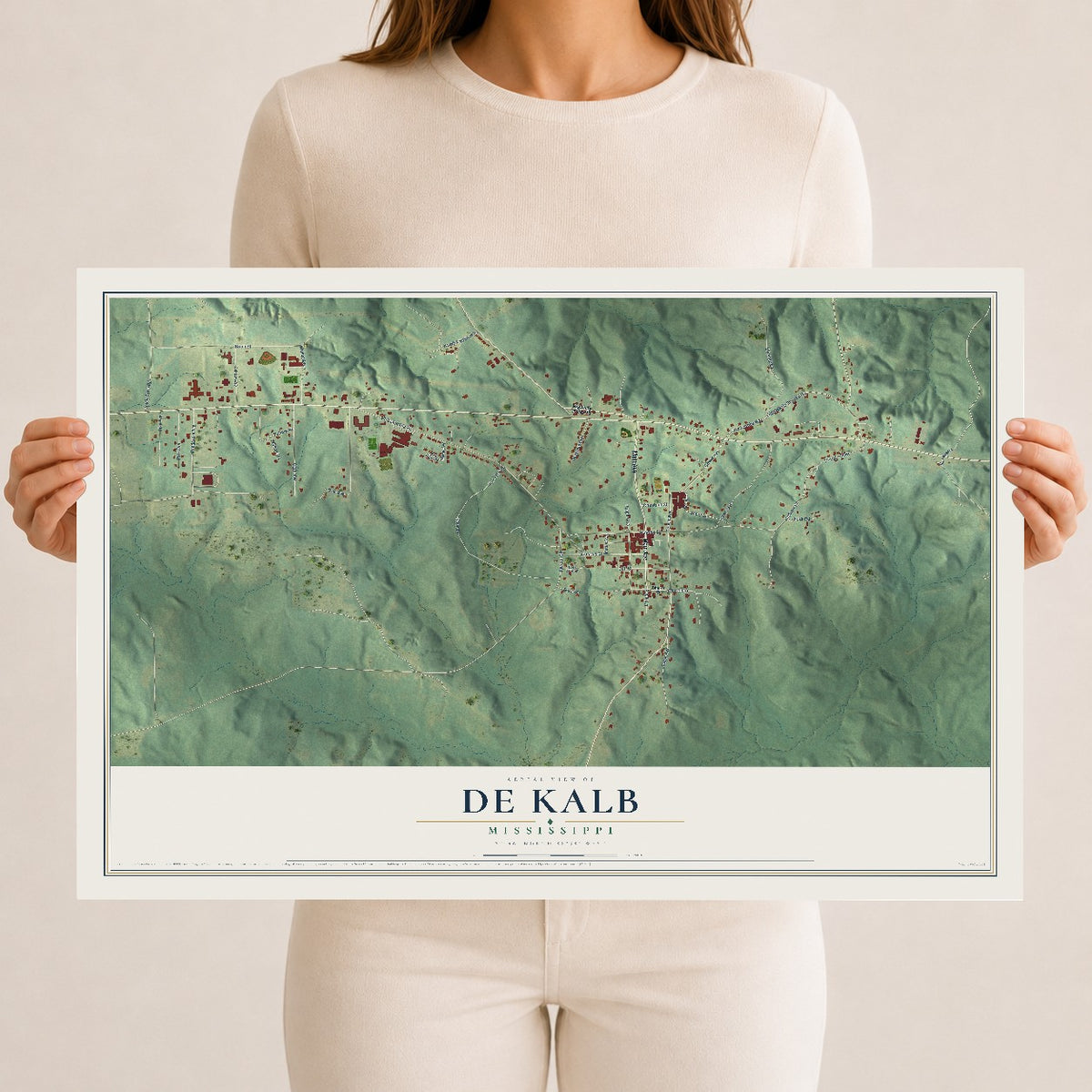 Map of De Kalb, Mississippi, 12 x 18 inch unframed archival matte print